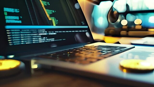 A gold cryptocurrency coin lying on a laptop computer panel. The screen displays a code and a chart indicating financial activity