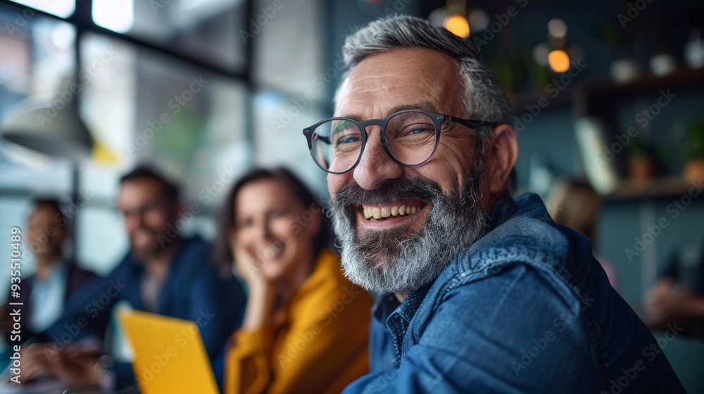 Poster A man with a beard and glasses smiles brightly while interacting with his colleagues in a relaxed office environment, showcasing a positive team atmosphere