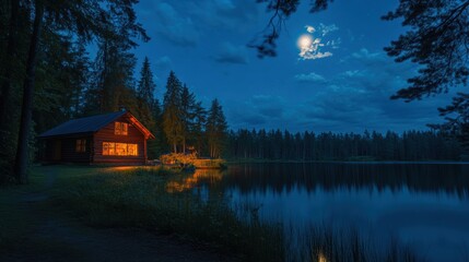 Fototapeta premium A cabin sits on a lake at night with the moon shining, AI