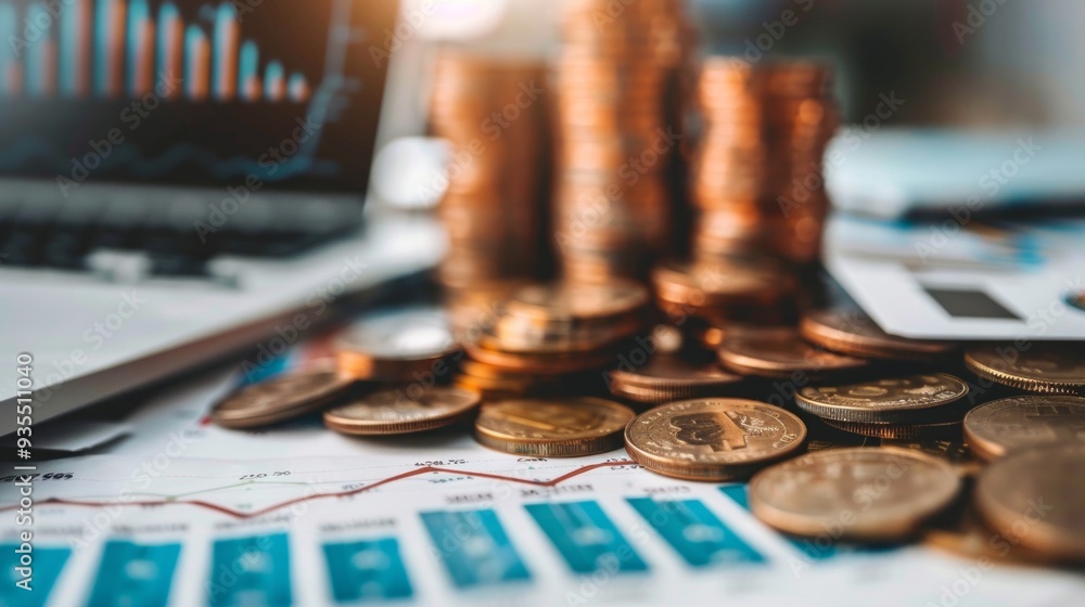 Poster Scattered coins and financial documents lay over a table in a contemporary workspace, emphasizing the connection between currency and economic analysis