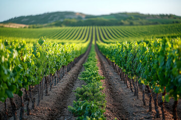A vineyard with rows of grapevines, isolated on a pastel blue background, capturing the origin of wine production,