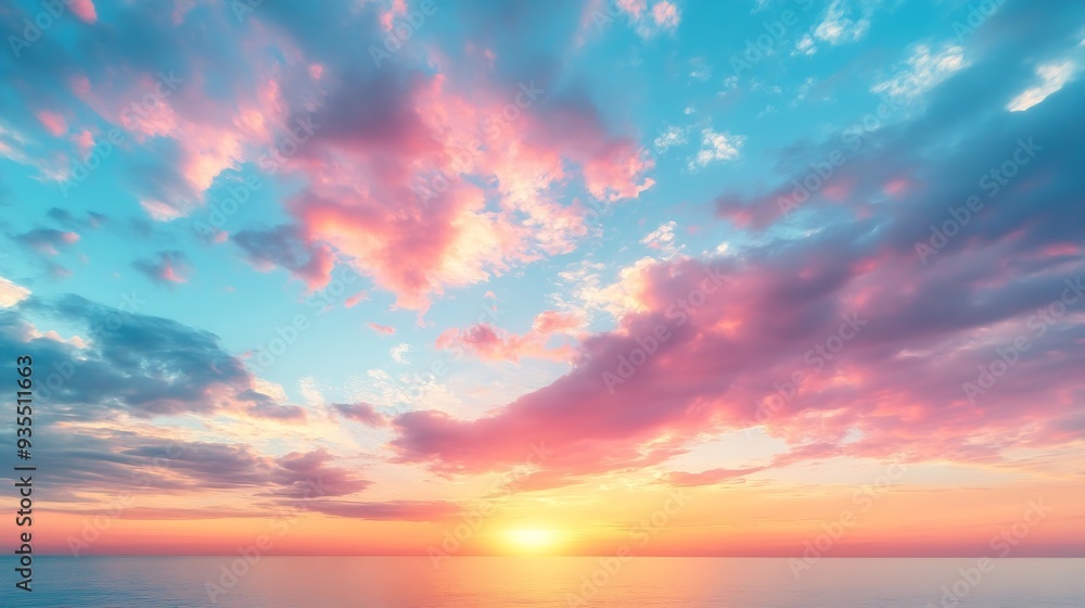 Poster real majestic sunrise sundown sky background with gentle colorful clouds without birds panoramic big