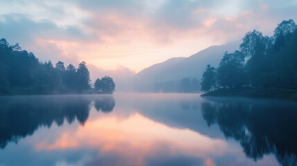 Obraz premium Serene lakeside at dawn, with soft colors reflecting off the water and surrounded by tranquil nature.