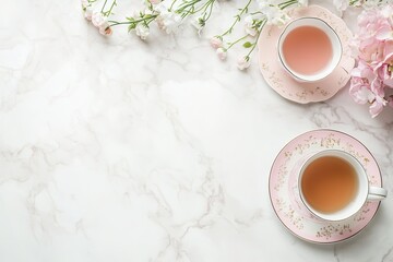 Elegant tea set with pink flowers on marble surface.