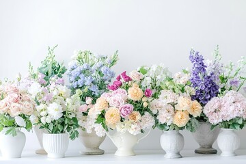Fototapeta premium Floral abundance with pastel bouquets in classic vases on white