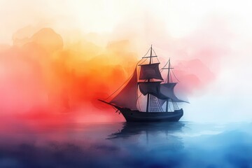 Fototapeta premium Pirate ghost ship floating above water, eerie glowing aura, misty horizon, Watercolor style