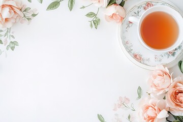 Floral tea cup, roses on white background with space for text