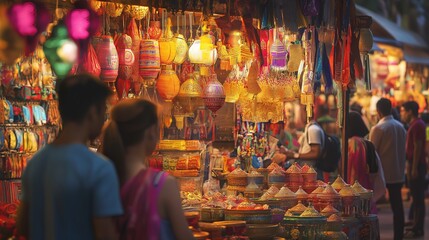 Diwali Market Stall Selling Decorations – A bustling market stall filled with colorful decorations like lanterns, diyas, and garlands, with people browsing and shopping.