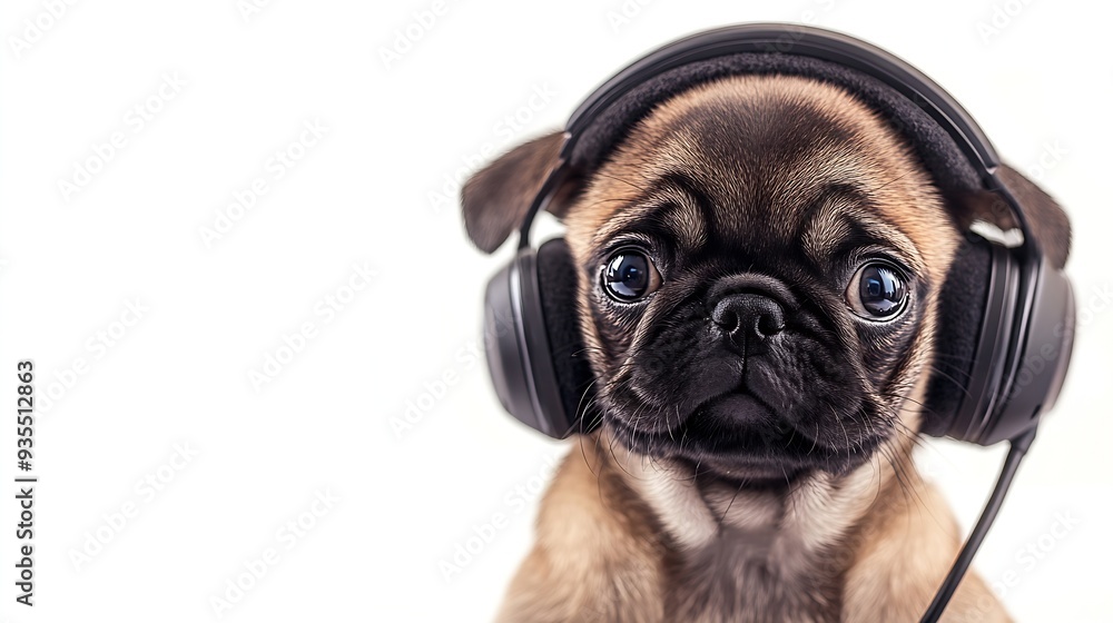 Poster pug puppy working in call center isolated on white background : generative ai