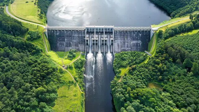 Hydroelectric dam utilizing the flow of water to produce sustainable energy, power station, aerial view