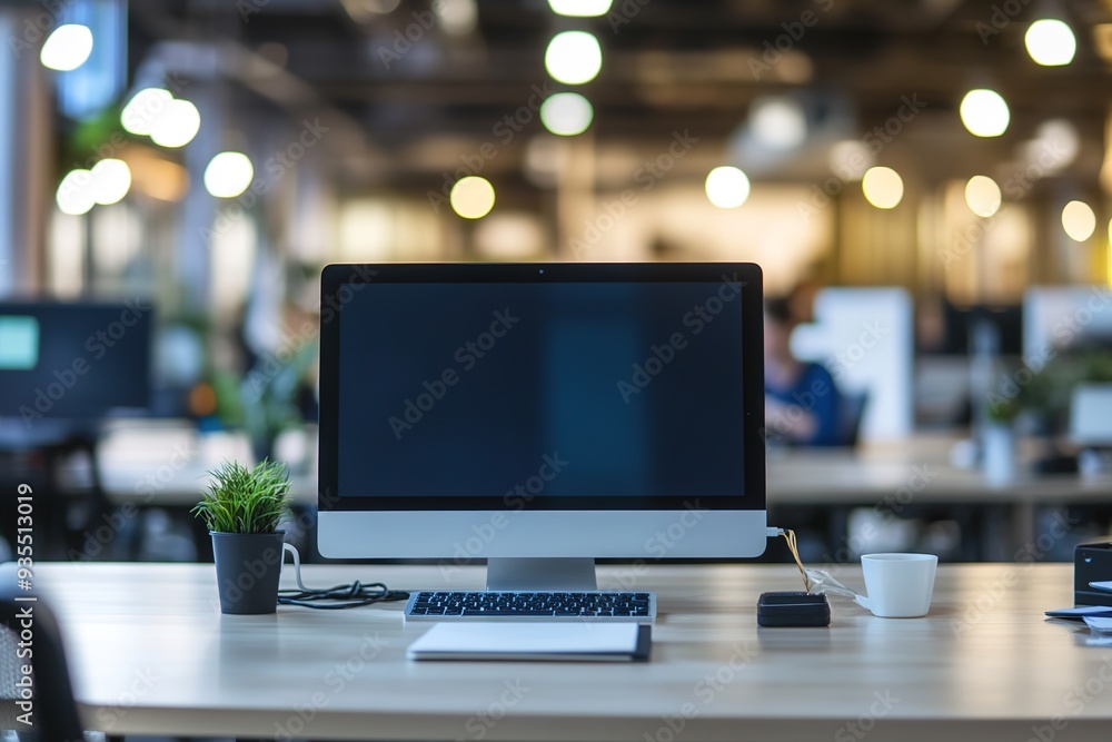 Poster modern workspace with computer on desk in bright office