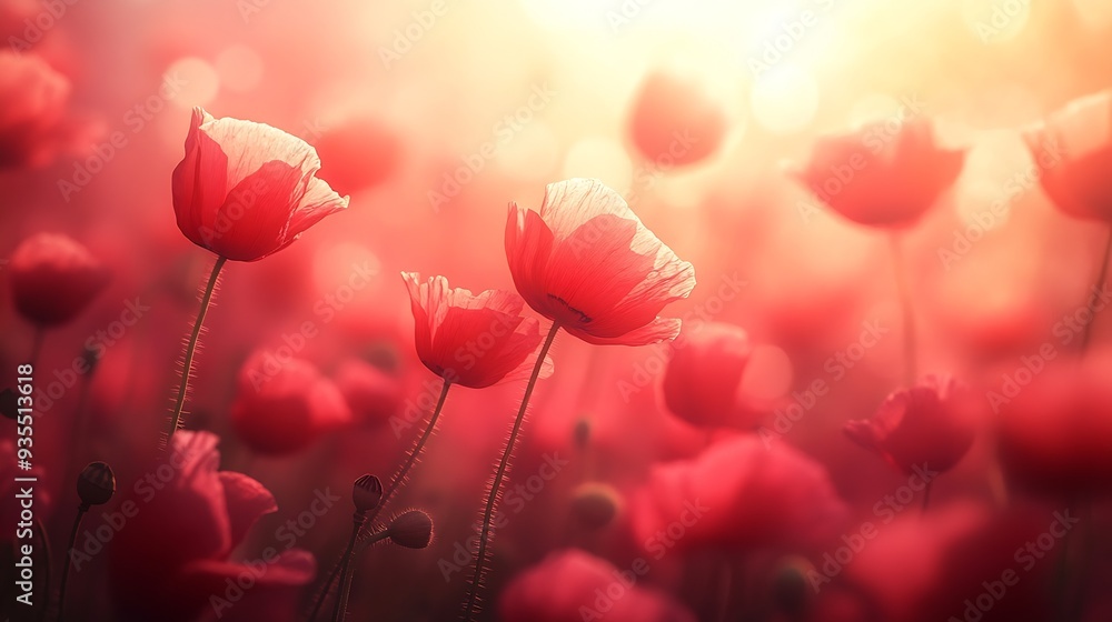 Poster An artistic blur effect capturing the delicate beauty of red poppies in soft focus creating a dreamlike ethereal atmosphere : Generative AI