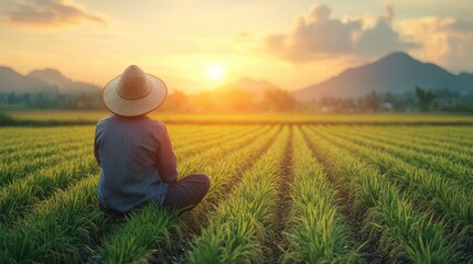 Fototapeta premium A farmer sitting in a rice field at sunset, reflecting peacefully.