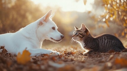 Dog and Cat in the Woods