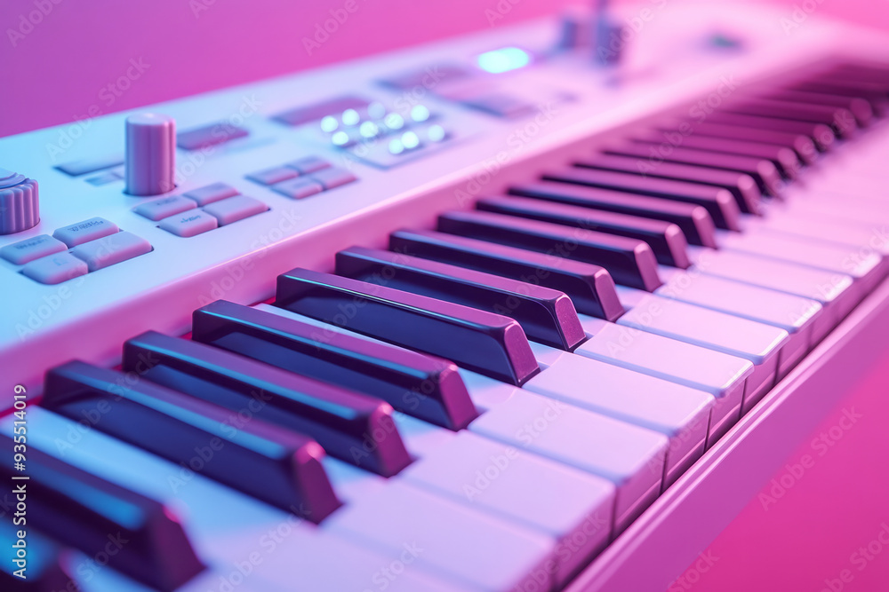 Poster a digital keyboard, isolated on a pastel lavender background, symbolizing the integration of technol