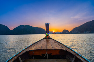 Long-tail boat view, sunset, sea at Phang Nga Bay, southern Thailand, Phang Nga Province, Asia