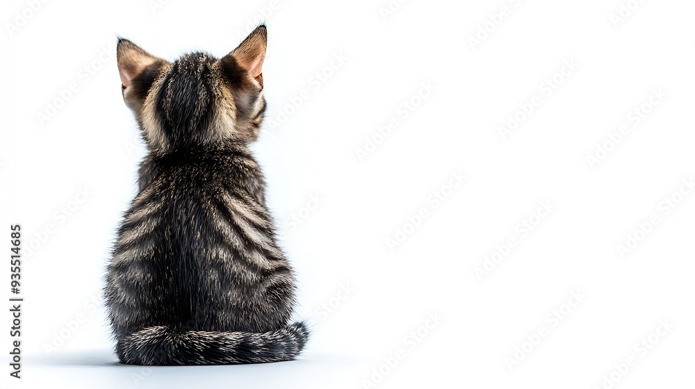 Poster rear view of funny tabby cat kitten isolated on white : generative ai