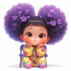 Fototapeta premium A cute chibi baby girl with large purple afro puff hair decorated with flowers sits on a small chair.