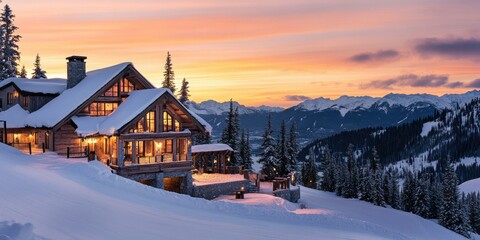Fototapeta premium A wooden cabin in snowy mountains at sunset.