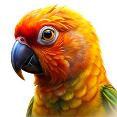 Fototapeta premium Close-Up Head Shot of a Colorful Sun Conure Parrot on White Background Ideal for Bird and Wildlife Photograph