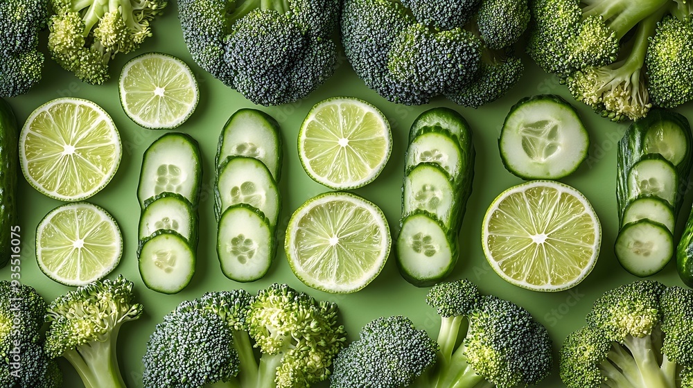 Poster Creative layout made of broccoli cucumber and lime on the green background Food concept Macro concept : Generative AI