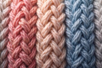 Soft knitted texture with braided patterns in pastel pink, cream, and blue