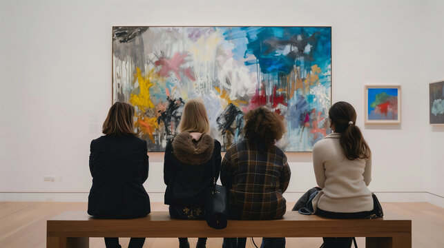 people seated on a bench in a art gallery admiring a contemporary painting