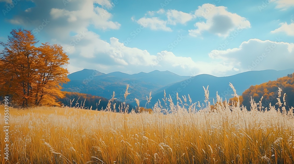 Poster rural autumn background mountains and colorful trees : generative ai