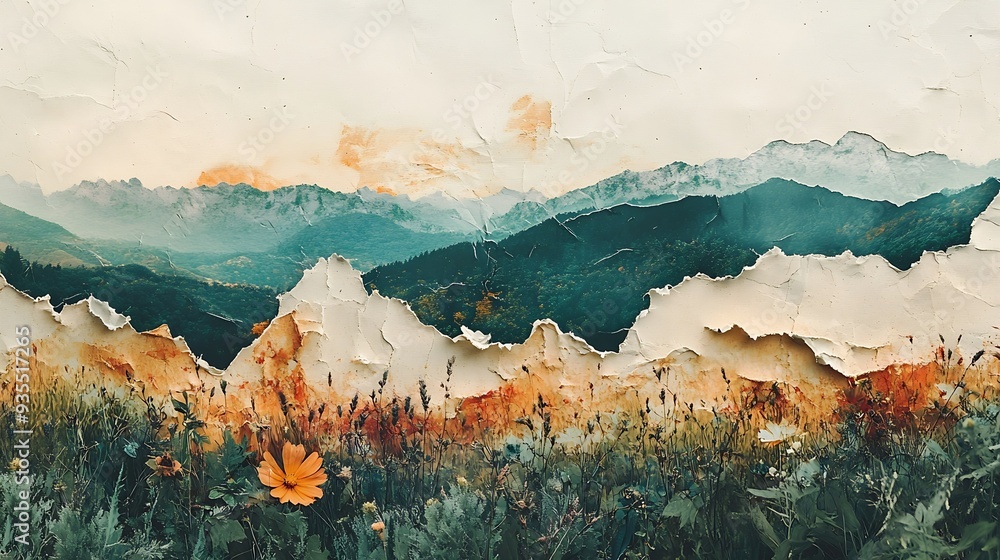 Poster Abstract artistic collage with torn deckled paper edges in natural earth colors Colorful fields and meadows with textured copyspace Analog aesthetic art technique : Generative AI