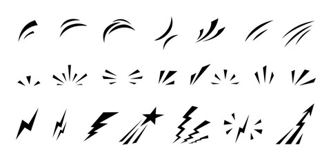 Set of comic manga hand drawn line elements for character graphic movement effects emotion. Doodle shine sunburst sparkle ray, flash, exploding shapes in pop art retro style vector illustration