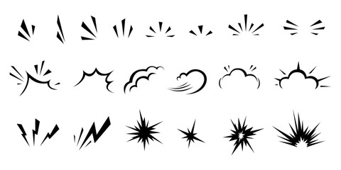 Set of comic manga hand drawn line elements for character graphic movement effects emotion. Doodle shine sunburst sparkle ray, flash, exploding shapes in pop art retro style vector illustration