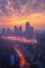 Obraz premium City skyline with morning haze, urban awakening