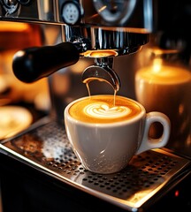 Coffee shop barista making a latte, welcoming and warm
