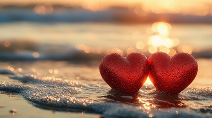 Fototapeta premium Red hearts in the sand with a sea background