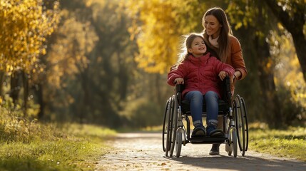 Mother and daughter enjoying a peaceful autumn stroll in a park with a wheelchair