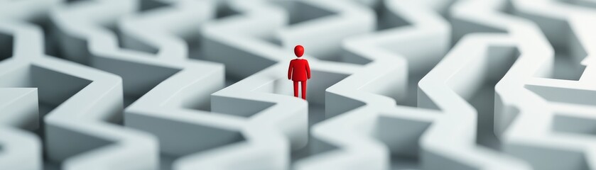 A solitary figure stands in a white maze, symbolizing challenge, isolation, and problem-solving in a modern context.