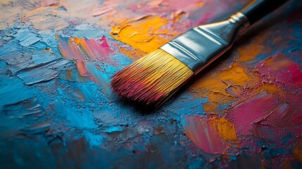 Obraz premium Abstract artistic painting on canvas Brush and colors on the table : Generative AI