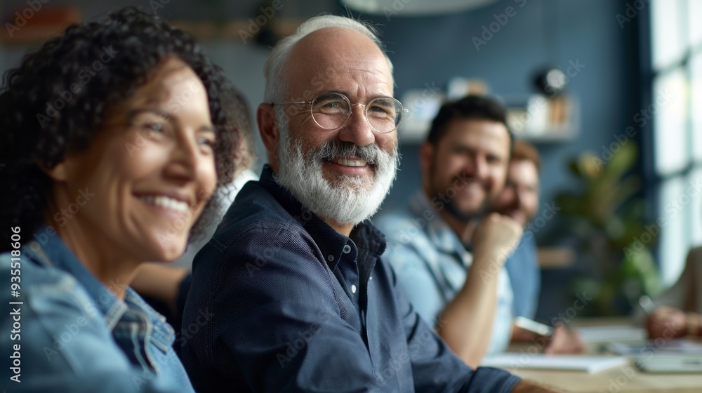 Aufkleber A diverse group of colleagues sits together in a modern office, smile and engage during a team meeting. The atmosphere is lively and collaborative