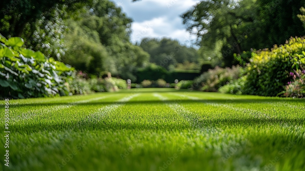 Wall mural Scenic view of a beautiful English style landscape garden with a freshly mowed striped grass lawn and green leafy plants : Generative AI