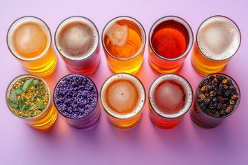 A flight of beer samples, isolated on a pastel lavender background, capturing the tasting experience of different brews,