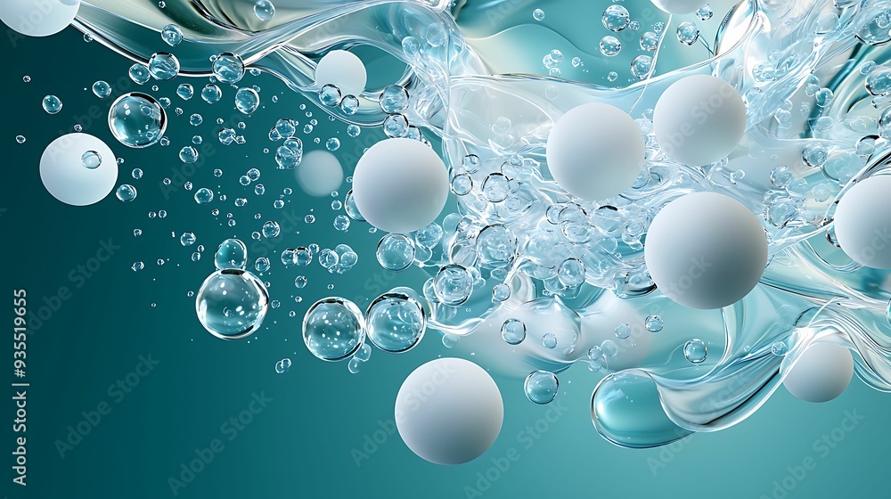 Aufkleber bubbles and white spheres float in an aqua background, creating a serene and dynamic underwater scen