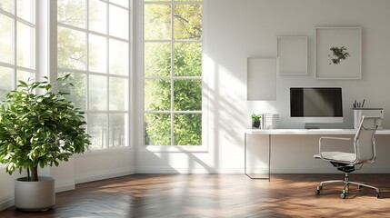 Fototapeta premium a home office with white walls and wood flooring the room is well lit by natural light from the windows : Generative AI