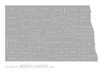 Highly detailed gray map of North Dakota, US state. Editable administrative map of North Dakota with territory borders and counties names labeled realistic vector illustration
