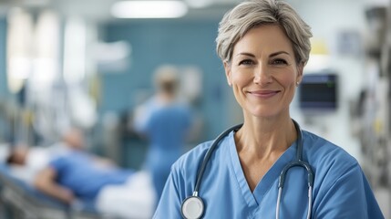 Fototapeta premium Smiling female nurse in scrubs with stethoscope in hospital setting. She looks confidently at the camera, with a patient in the background.