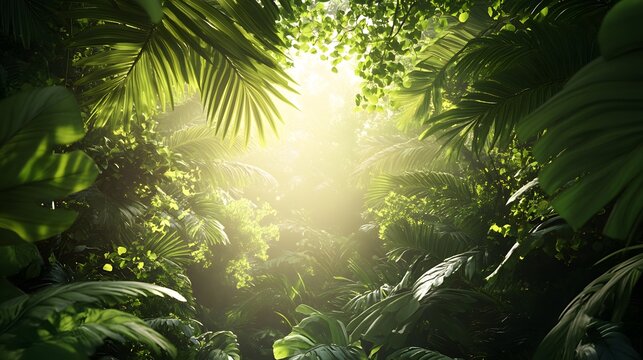 59. 3D depiction of a lush rainforest canopy with intricate foliage and sunlight filtering through, set against a clear background