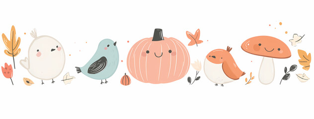 Fototapeta premium Whimsical Autumn Illustration of a Cheerful Pumpkin with Playful Birds and Mushrooms, Featuring Cozy Fall Leaves and a Warm Color Palette in a Cartoonish Style