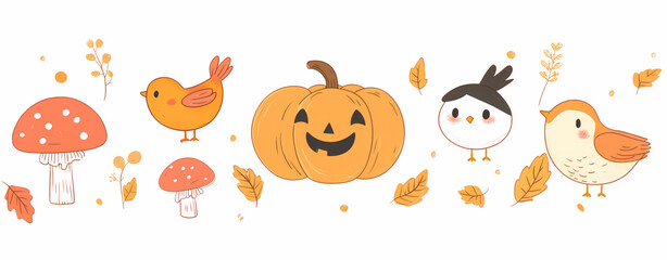 Naklejka premium Whimsical Autumn Illustration of a Cheerful Pumpkin with Playful Birds and Mushrooms, Featuring Cozy Fall Leaves and a Warm Color Palette in a Cartoonish Style