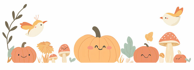 Fototapeta premium Whimsical Autumn Illustration of a Cheerful Pumpkin with Playful Birds and Mushrooms, Featuring Cozy Fall Leaves and a Warm Color Palette in a Cartoonish Style