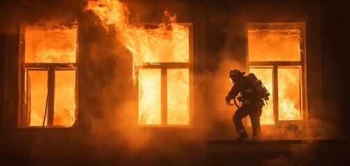 A firefighter battling a blazing building, with flames and smoke billowing out of the windows.