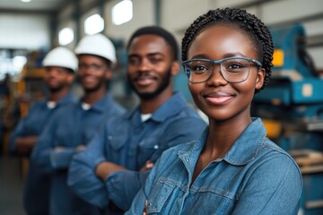 Fototapeta premium Cheerful teamwork among construction workers at a busy site showcasing collaboration and camaraderie in a vibrant work environment under bright lighting
